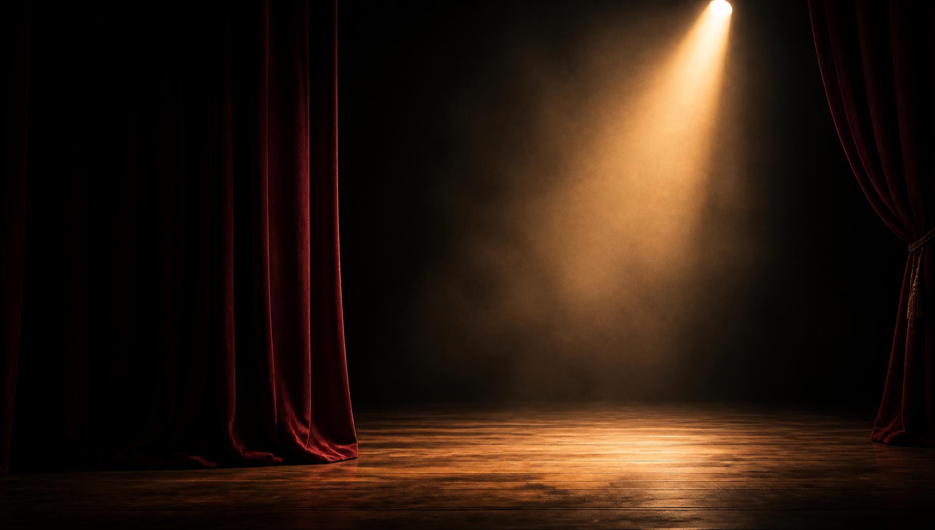 An empty theatre stage lit by a single warm spotlight