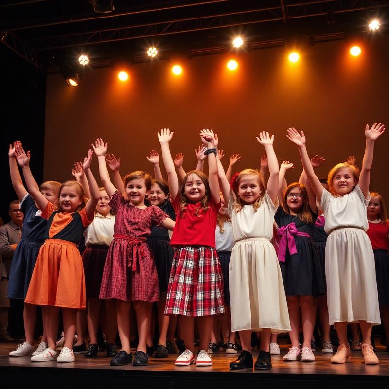 A young cast raising their arms during a finale