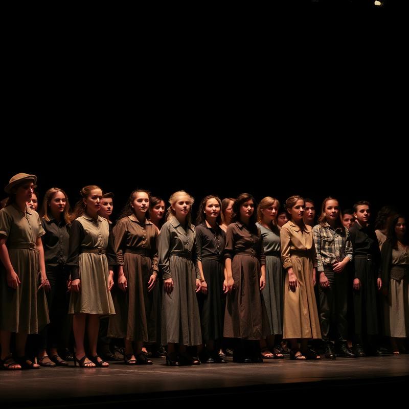 A large young cast lined up on a darkened stage